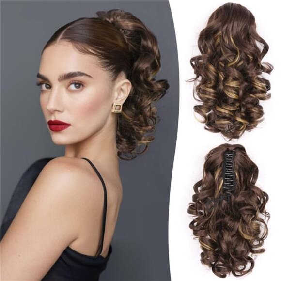 Long Curly Wavy Ponytail Extensions Brown with Blonde Highlights